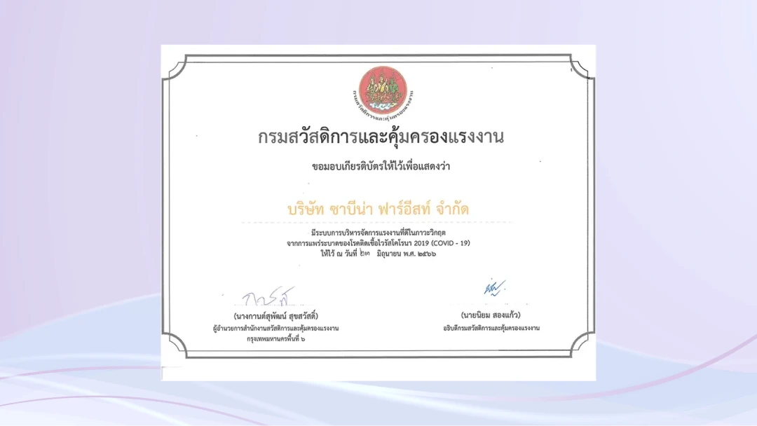 บริษัท ซาบีน่า ฟาร์อีสท์ จำกัด มีระบบการบริหารจัดการแรงงานที่ดีในภาวะวิกฤต จากการแพร่ระบาดของโรคติดเชื้อไวรัสโคโรนา 2019 (COVID-19) จาก กรมสวัสดิการและคุ้มครองแรงงาน